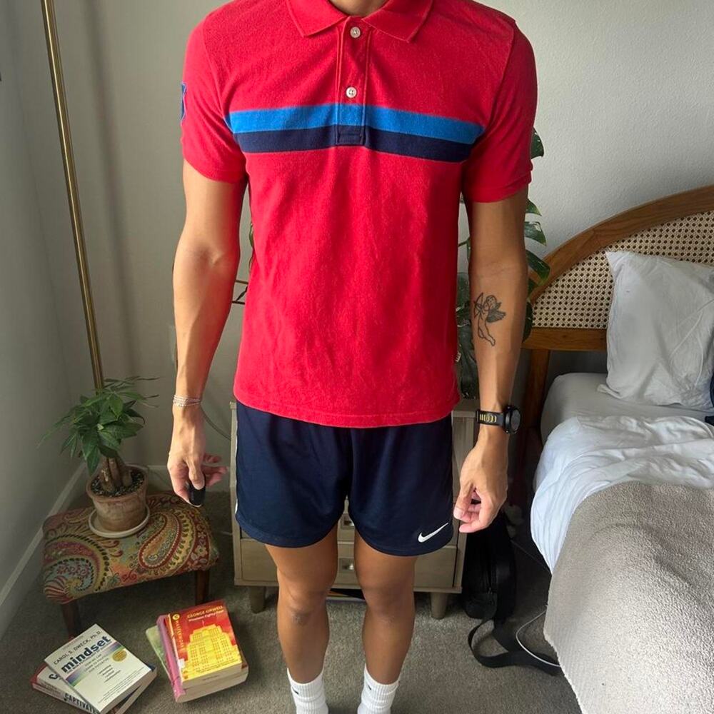 GAP Pique Polo Shirt Mens XS Fits Slim Red Varsity 7 Sleeve Blue Stripe Kid XL